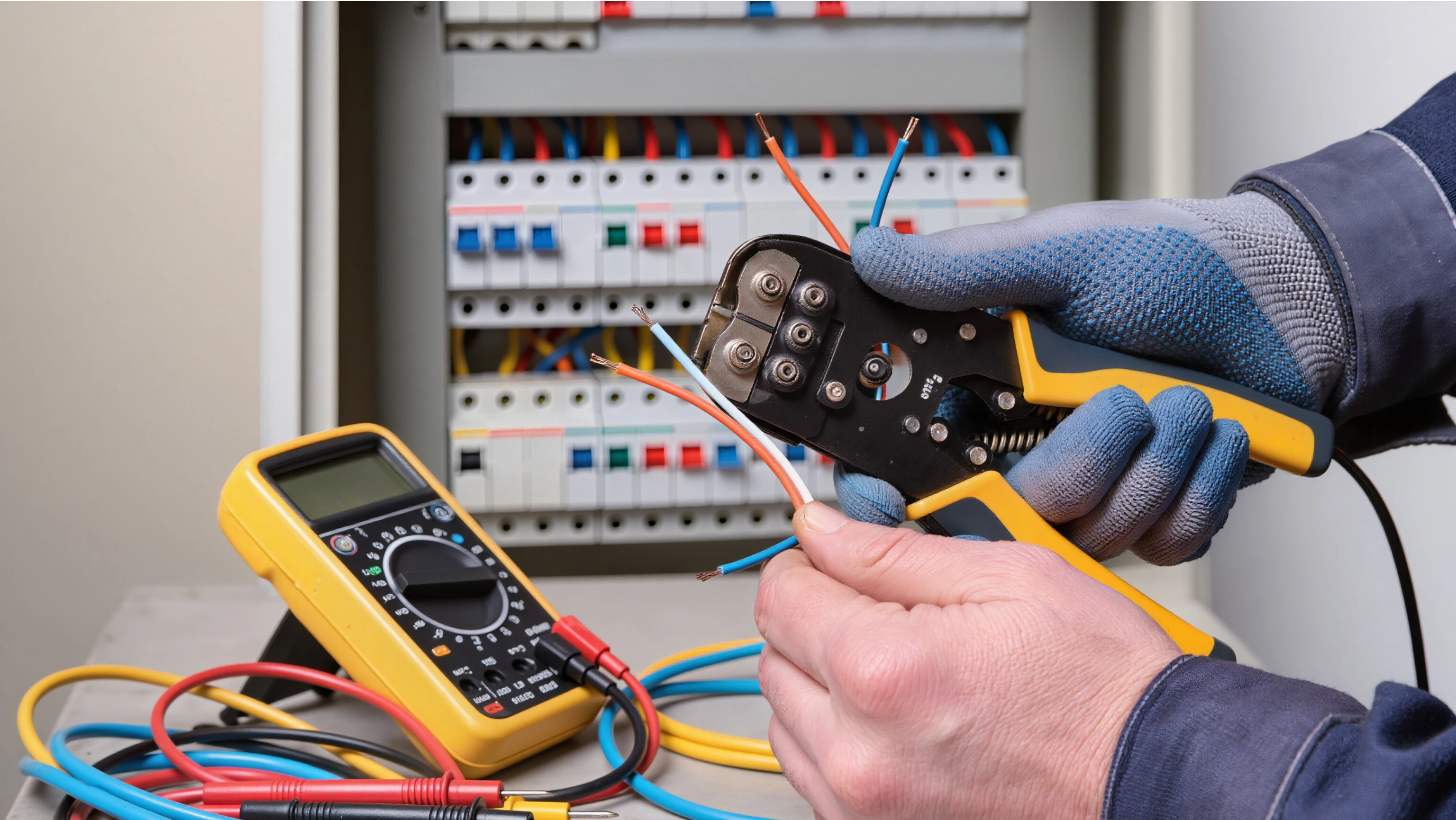 A person in blue gloves holding a multimeter.